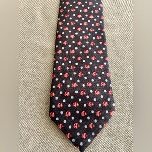 FRANGI 100% Silk Tie Navy Red Fish Print Made in Italy Office Classic